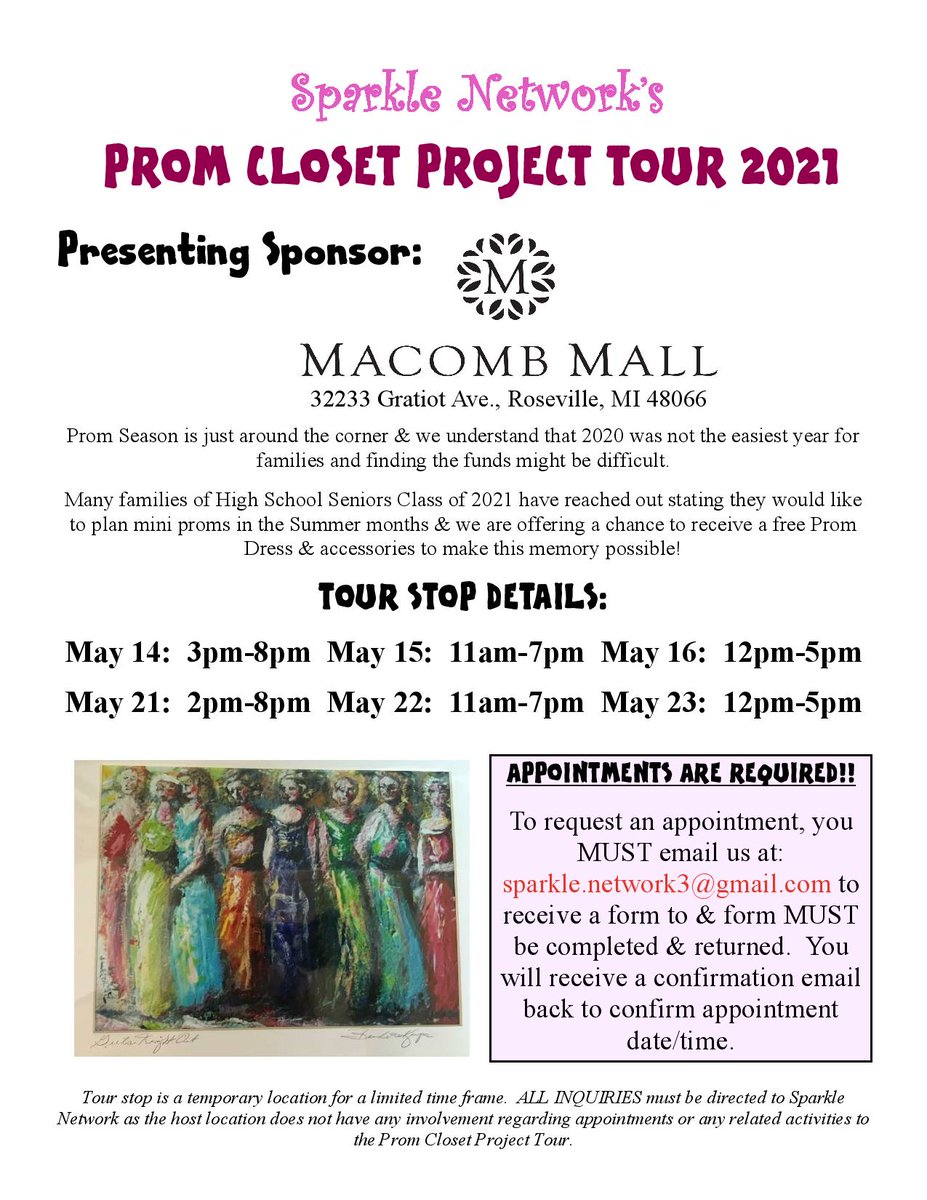 sparklenetwork's tweet photo. #PromClosetProjectTour is back to help create the prom experience by offering a chance to receive a free Prom Dress for Class of '21 Seniors!
Appointment is REQUIRED!!
If interested, follow directions in flyer. Please message us with any ?'s
Ty @MacombMall for the space. https://t.co/FdHWlFUmui