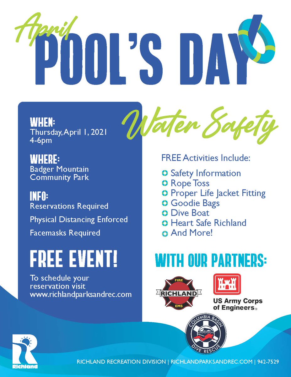 RichlandWA's tweet photo. Water Safety Day for Families on Thursday 

Walk through socially distanced stations to learn about water safety. Life jacket fitting. Learn hands-only CPR. Tour a Dive Boat. Receive a goodie bag and MORE!   

FREE. No reservations needed. Face coverings required. https://t.co/ud7yir6iyC