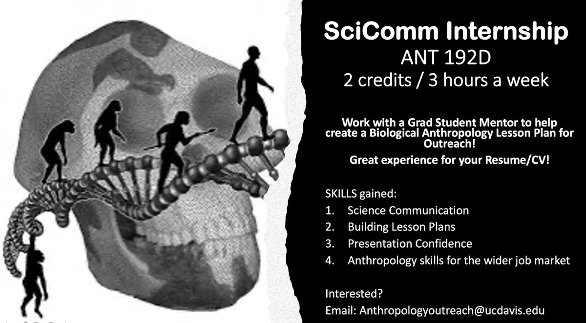 naswinford's tweet photo. Undergrad internship opportunity for @ucdavis Anthropology! 
Our graduate student Anthropology Outreach program is currently looking for undergrad interns who are interested in science communication and developing online resources for Outreach! https://t.co/7zHCeKIgSF