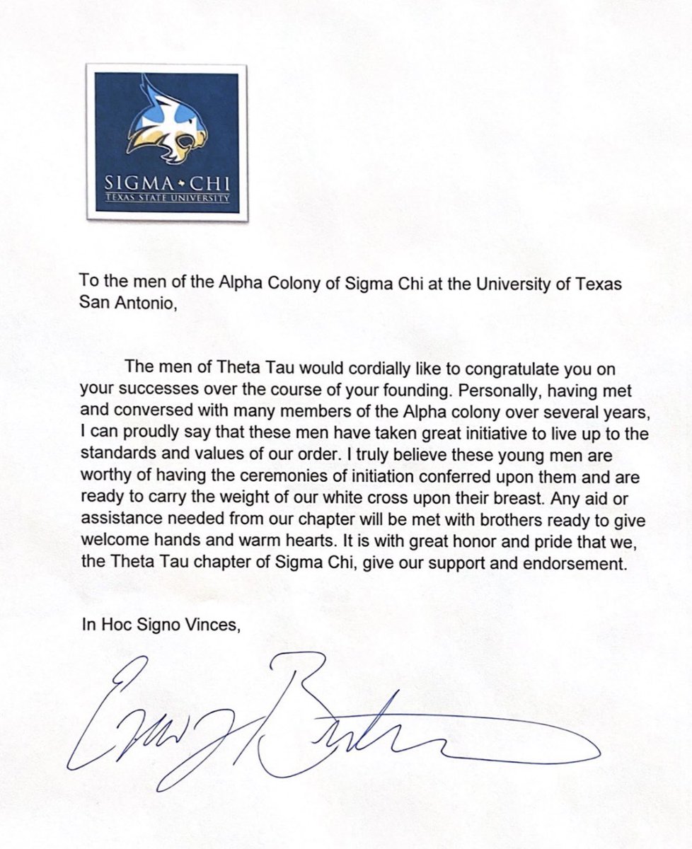 To think I wrote this endorsement up a little over a year ago, eagerly waiting for <a href="/sigmachiutsa/">Sigma Chi UTSA</a> to be initiated. This past weekend the Mu Iota chapter was established at UTSA and I can proudly call them my brothers. God speed boys and welcome home. 🇺🇦