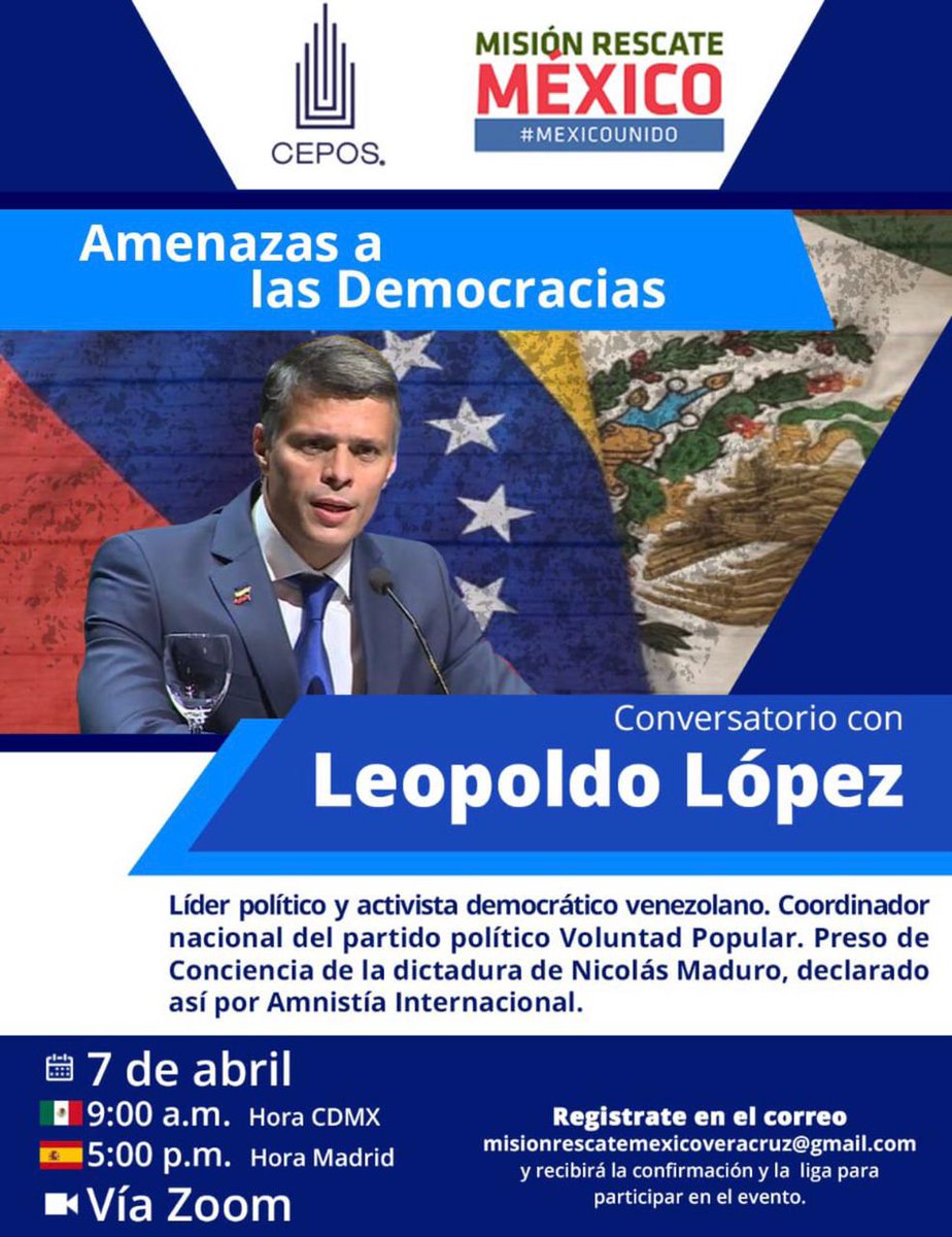 Liga para registro al conversatorio con el líder político y activista democrático venezolano Leopoldo López: Amenazas a la Democracia.
forms.gle/NUQRRAp7wK5vkx…