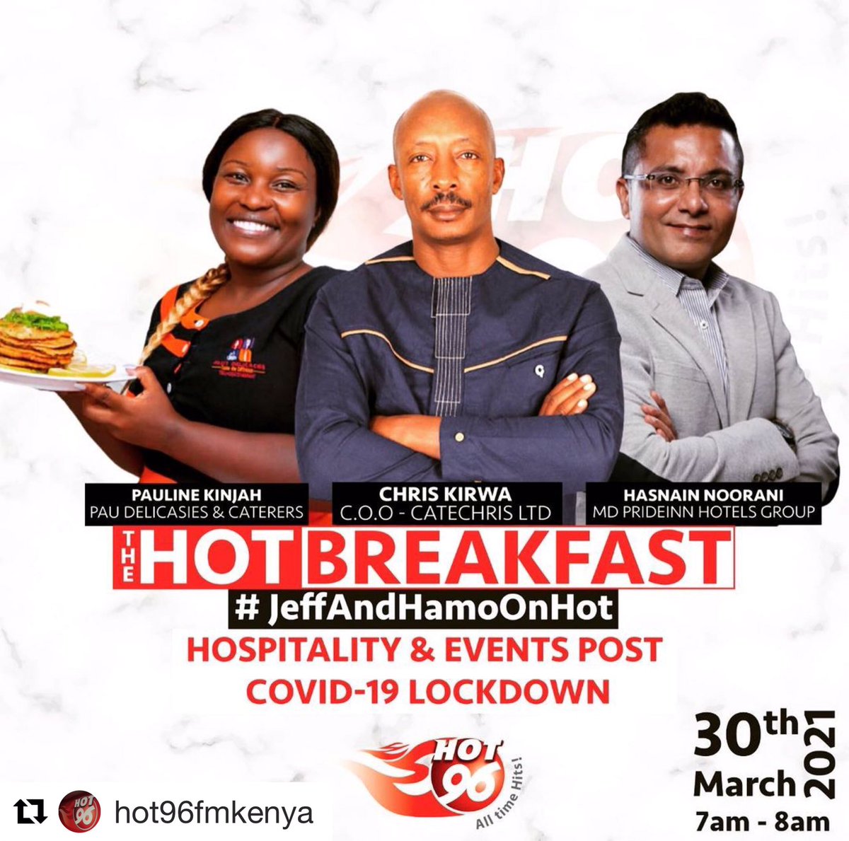 GoodMorning Join me ( Tune in) HOT 96 where we will be 
discussing How The Hospitality & Events Industry Has been Affected by The Recent Covid-19 Lockdown.
How Best Should We Handle The Covid-19 Moving Forward? 
Hosted by @KoinangeJeff & @HamoProf 
#JeffAndHamoOnHot @Hot_96Kenya