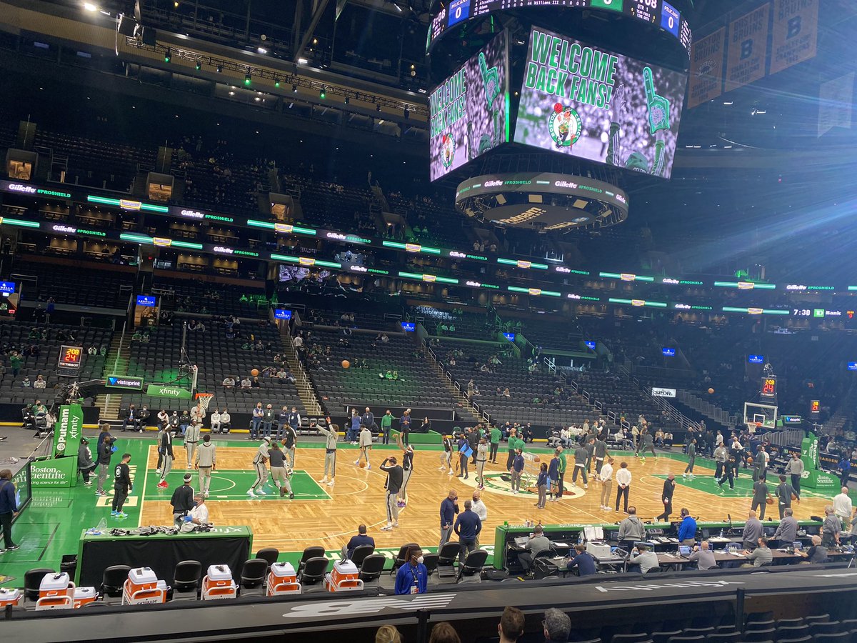 davegreaney's tweet photo. Great to be back at the garden with my two Celtics crazy sons. Love the extra space &amp; zero lines but look forward to a post vaccination world where its packed to the rafters again.  #Celtics https://t.co/YGkjTjUdzN