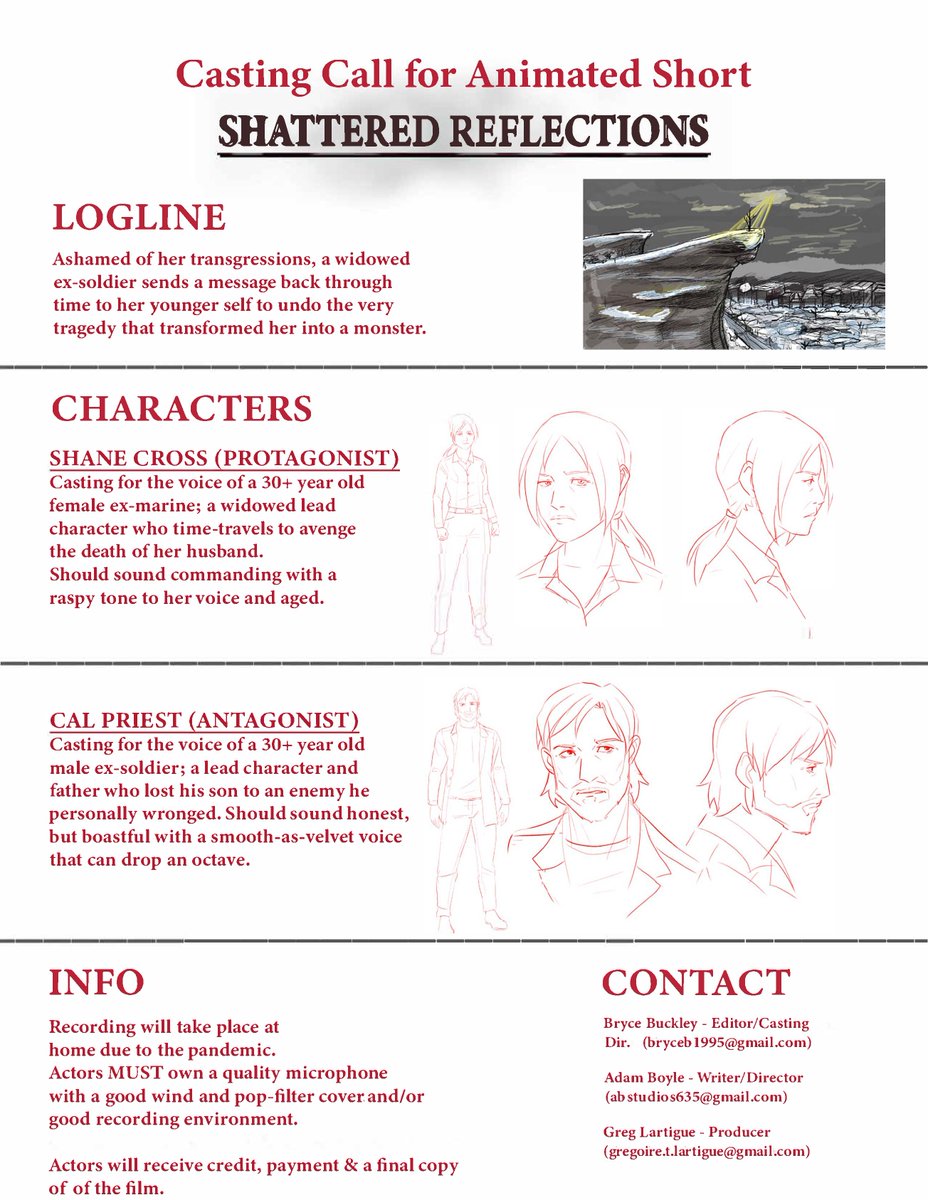 XenoBlazeVA's tweet photo. πCasting Call Announcement π (1M/1F - PAID)
I'm working as a casting director for the animation thesis film "Shattered Reflections".
We are looking talented #VoiceActors that can bring the lead characters in this animation to life. (Link to the casting call below.) (1/2) https://t.co/zzTdydJOAv