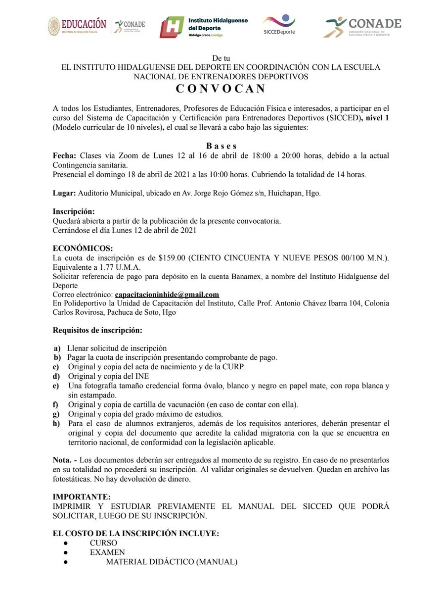 fatimabanos's tweet photo. Invito a todos los estudiantes, entrenadores, profesores de Educación Física e interesados a participar en el curso del Sistema de Capacitación y Certificación para Entrenadores Deportivos (SICCED), nivel 1 (Modelo curricular de 10 niveles). https://t.co/Wcgvtf5G1d