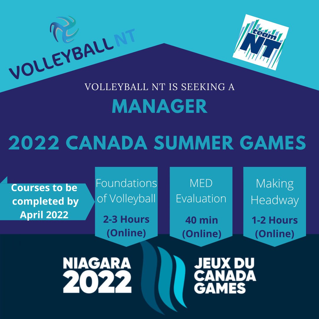 NWTVA's tweet photo. 2022 CANADA SUMMER GAMES
Volleyball NT is seeking a manager for the female team. 
Deadline to apply April 9, 2021.

Courses required are listed on the poster.

To view the full job advertisement: https://t.co/xFGIvHHJdY

#NT #NWT #IndoorVolleyball #2022CSG #TeamNT https://t.co/K7NzGlyIrk