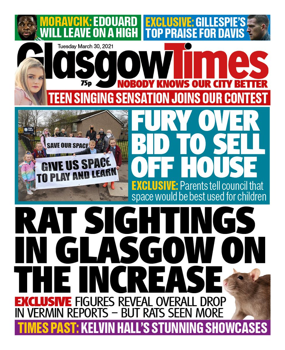 Glasgow_Times's tweet photo. Tomorrow's front page: The latest figures show vermin reports in Glasgow are down ... but rat sightings are up. PLUS: Parents appeal for space to be saved for kids https://t.co/qp4H7WKMvB