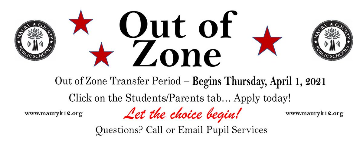 Out of Zone form will be available on Thursday, April 1, at mauryk12.org/students_paren…