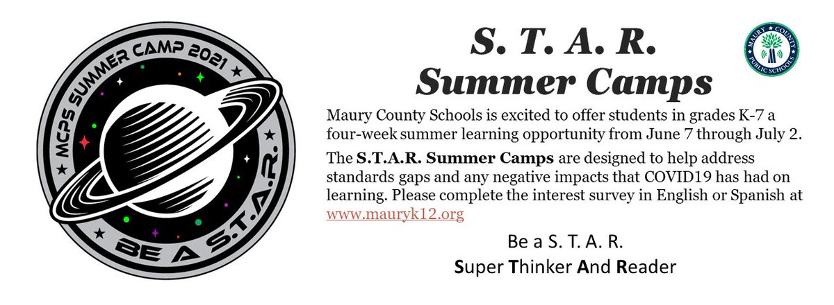 Maury County Schools is excited to offer students in grades K-7 a four-week summer learning opportunity from June 7 through July 2. Please complete the interest survey in English at bit.ly/3f6rthU or in Spanish at bit.ly/3tFxhTe.