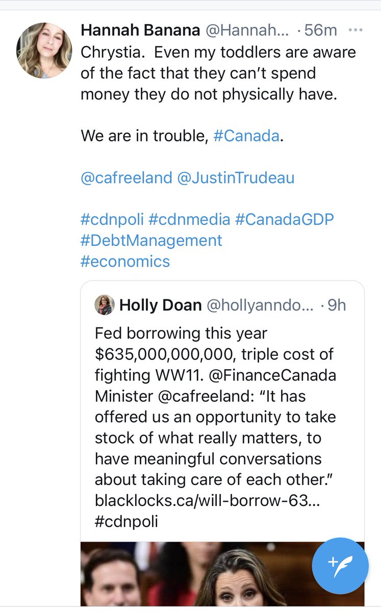 TOAdamVaughan's tweet photo. You see back-to-back tweets like this a lot on twitter..I’ll bet her toddlers live in a house bought with credit (Homeowners don’t pay cash) &amp; to put the national debt in perspective..a house in Toronto rented for $65 a month in 1948..it’s 1000xs more now https://t.co/iSiO5jRfRn