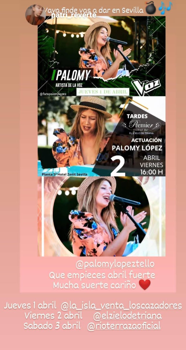 PalomyStas's tweet photo. Que empieces abril fuerte y que tengas mucha suerte ❤️🎶💣😍 @PalomyLopMusic  #palomylopez #Sevilla #music #elzielodetriana #laisla #elRio #Remier #lavozantena3 #lavoz #flamenco #directo #acustico #abril https://t.co/6RIqd0Dt9c