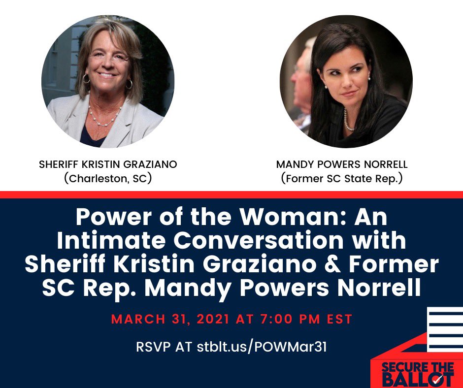 securetheballot's tweet photo. Our Power of the Voter series is back (with a twist🥳). Join us for Power of the Woman: An Intimate Conversation with Sherrif @krgraziano &amp; Former SC Rep. @MPowersNorrell to learn about what it means to be a woman leader on the local &amp; state level. RSVP at https://t.co/ni37jKHwt6 https://t.co/s9RmLJiR6r