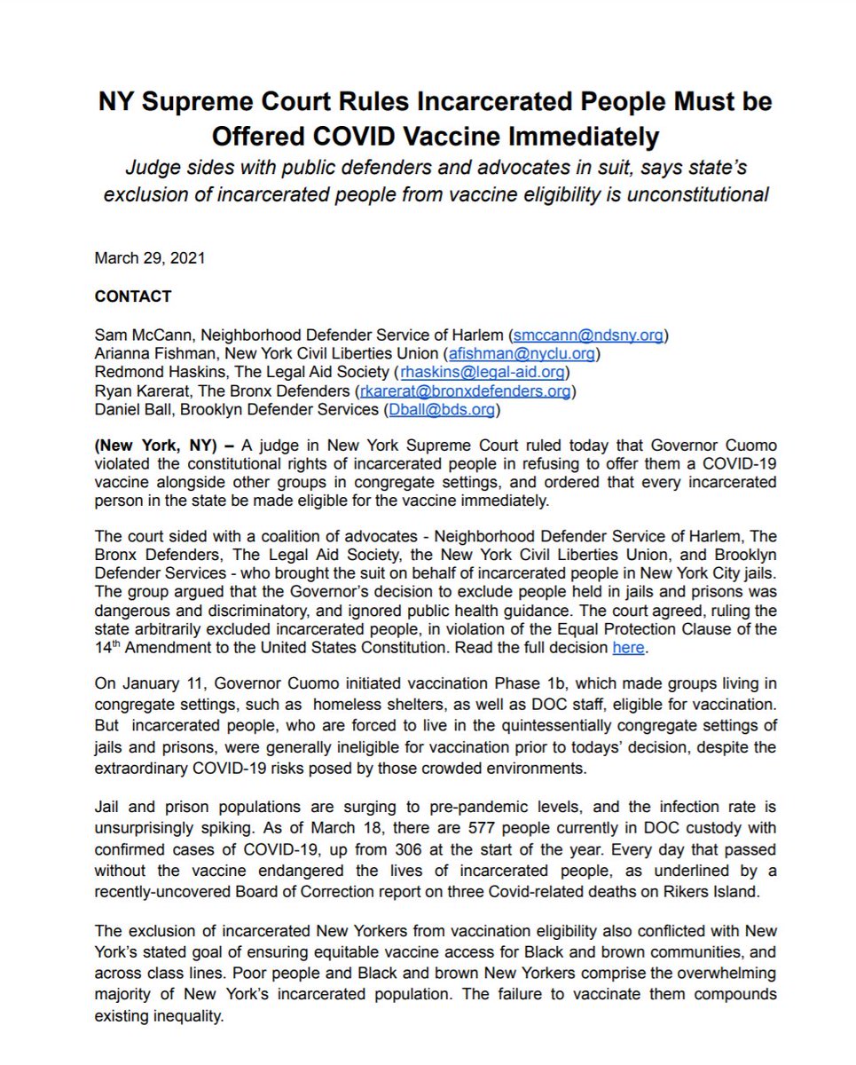 NeighborhoodDef's tweet photo. BREAKING: NY Supreme Court rules that the state violated the consitutional rights of incarcerated people in denying them vaccine eligibility. Makes all incarcerated people in NY eligible immediately. 

Read more about our suit w @LegalAidNYC @BronxDefenders @BklynDefender @NYCLU https://t.co/O28bSLqvkA