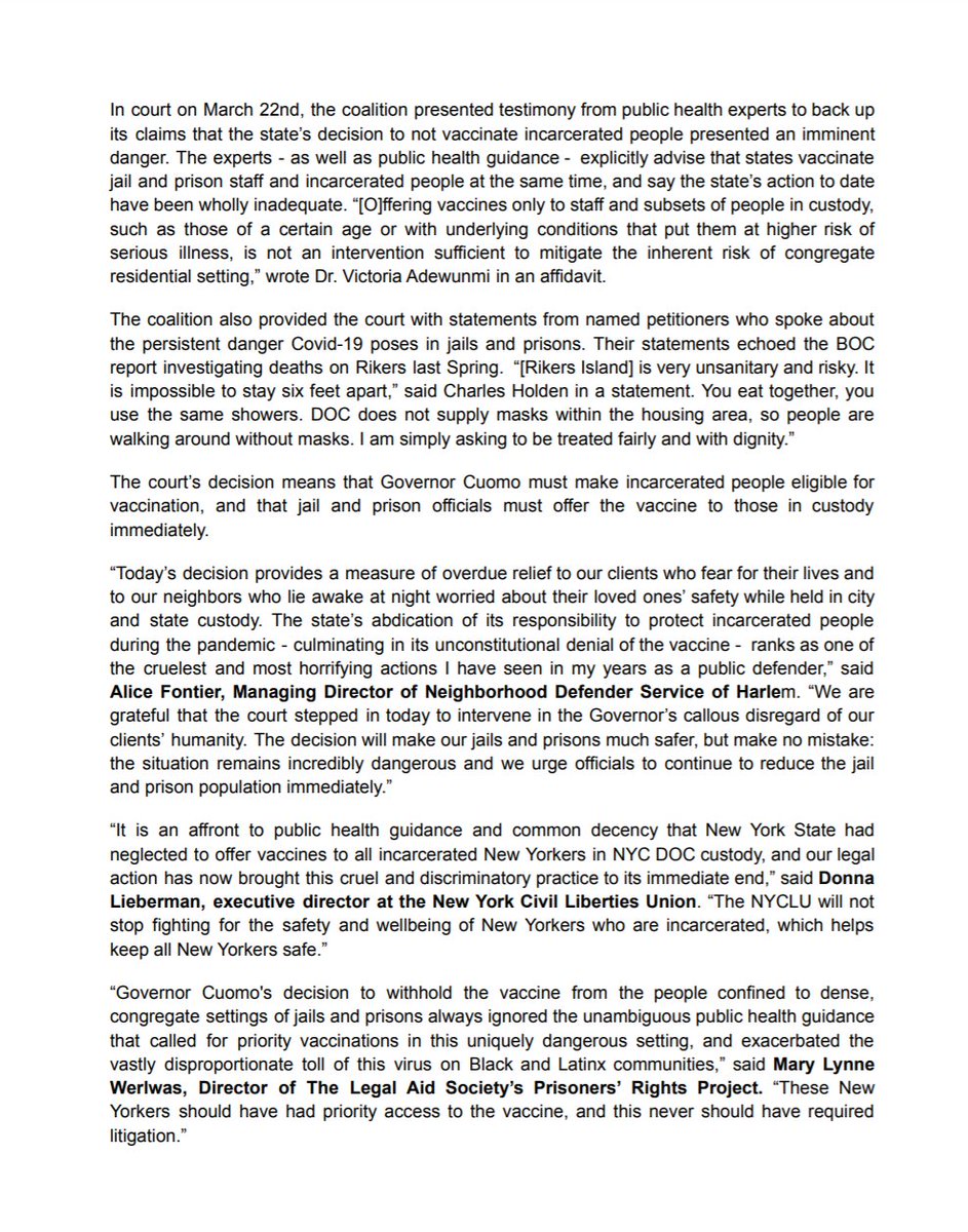 NeighborhoodDef's tweet photo. BREAKING: NY Supreme Court rules that the state violated the consitutional rights of incarcerated people in denying them vaccine eligibility. Makes all incarcerated people in NY eligible immediately. 

Read more about our suit w @LegalAidNYC @BronxDefenders @BklynDefender @NYCLU https://t.co/O28bSLqvkA