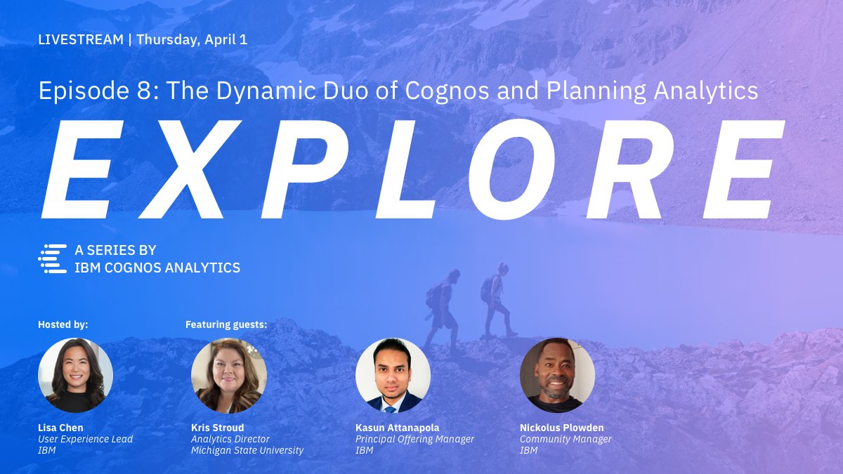 Join me for Explore Episode 8 featuring <a href="/stroudk/">Kris S</a>, Analytics Director of <a href="/michiganstateu/">MSU</a> to talk about the Dynamic Duo of IBM #Cognos and #PlanningAnalytics this Thursday @ 10 AM EST.  <a href="/IBMData/">IBM Data, AI & Automation</a> @IBMCommunity Register: community.ibm.com/community/user…