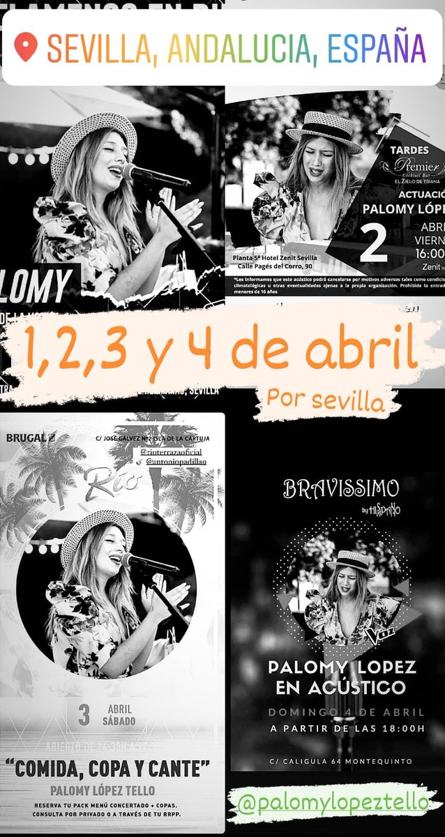 fanspalomylopez's tweet photo. Y empezar abril por Sevilla. Mucha suerte mi artista. Que sigas sumando momentos @PalomyLopMusic #Sevilla #findesemana #cante #music #flamenco #palomylopez #doshermanas #lavozantena3 #teampablo #elRio #elzielodetriana #laisla #fiesta #Andalucia #semanasanta #palomy #bravissimo ❤️ https://t.co/U0RYYNAwIn