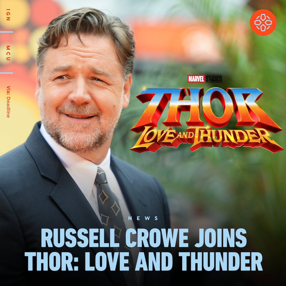 IGN's tweet image. Russell Crowe is joining the Marvel Cinematic Universe! The Gladiator and Man of Steel actor is currently set to have a cameo in Thor: Love and Thunder. bit.ly/3m0Gz9U