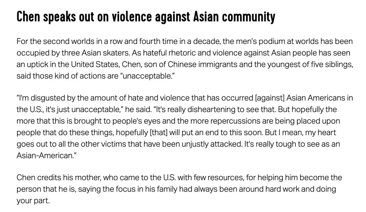 .<a href="/nathanwchen/">Nathan Chen</a> speaking forcefully in regards to what his community has faced recently in the U.S., further adding his voice to #StopAsianHate 

Credit to <a href="/patinaggio/">Hiro Yoshida-Gillis 🏳️‍🌈</a> for bringing this question to the #WorldFigure champ.

olympicchannel.com/en/stories/new…