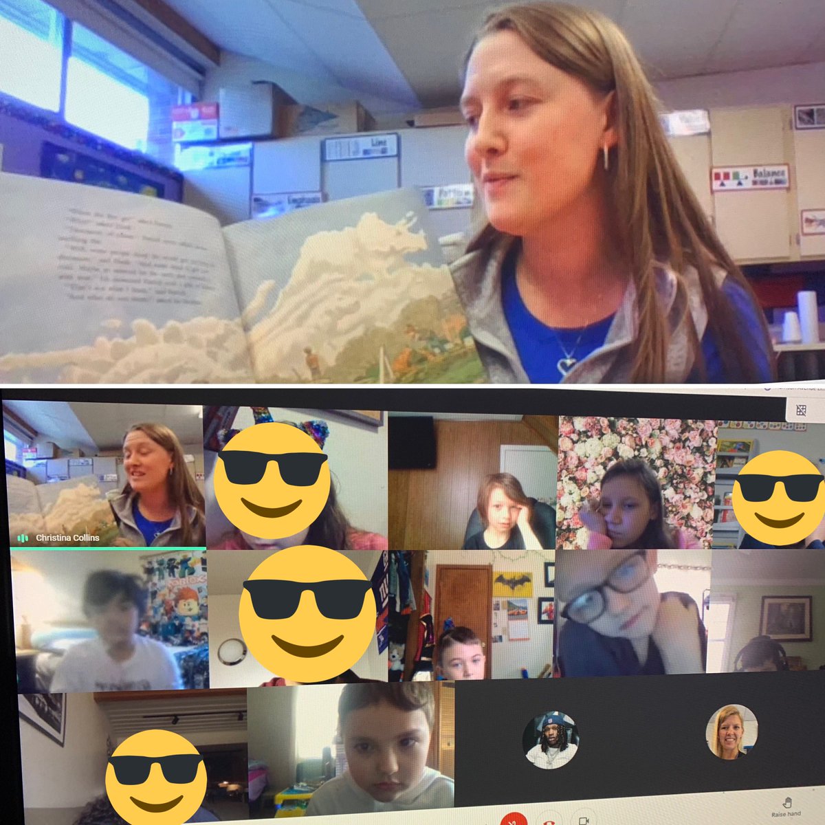 whitney3rd's tweet photo. It’s the last Monday of PARP so of course we had to have a Mystery Reader! Thanks Mrs. Collins for joining us from Harrison Ave! #WeBelieveInSGF #VirtualSchool #PARP https://t.co/7RrylkXYXU