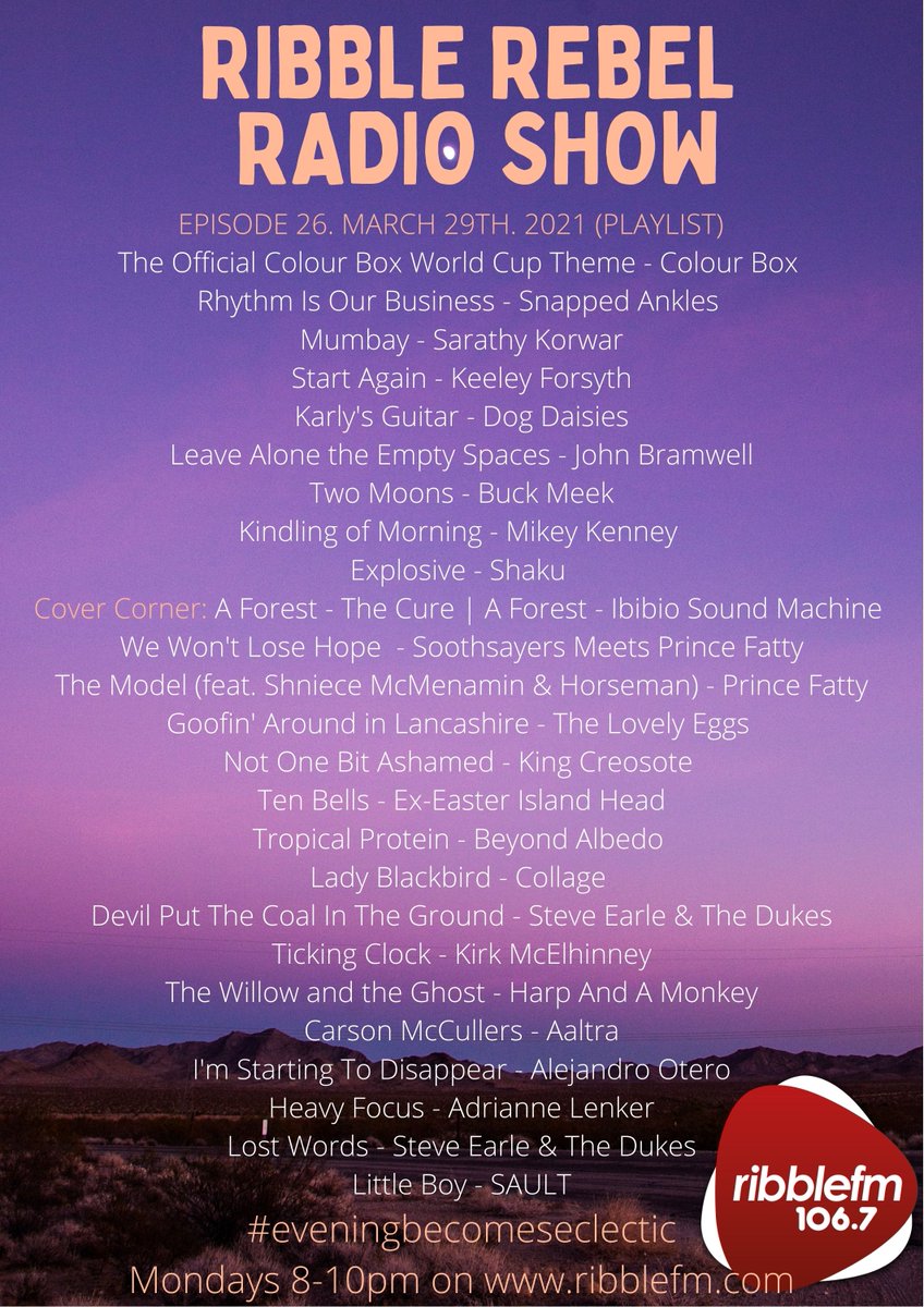 mattremedy's tweet photo. Replay #ribblerebelradioshow https://t.co/aET15eGeaB
@iamJohnBramwell 
@prince_fatty 
@wahwah45s 
@soothsayersband 
@ExEIH 
@dogdaisies 
@Mikeykenney 
@TheLovelyEggs 
@IbibioSound 
@BeyondAlbedo 
@lady_blackbird 
@buckmeek 
@SteveEarle 
&amp; Much more
@Cloudspottinguk @ribblefm https://t.co/DhsCNBMPiU