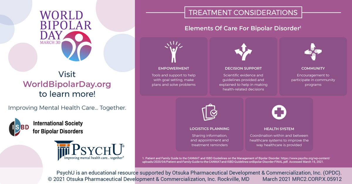WorldBipolarDay's tweet photo. Good health and quality of life are possible when living with #bipolardisorder 

Finding the right treatments and learning about effective self-management is key to health and wellness in bipolar disorder.

#WorldBipolarDay https://t.co/S8IdOVBZgF