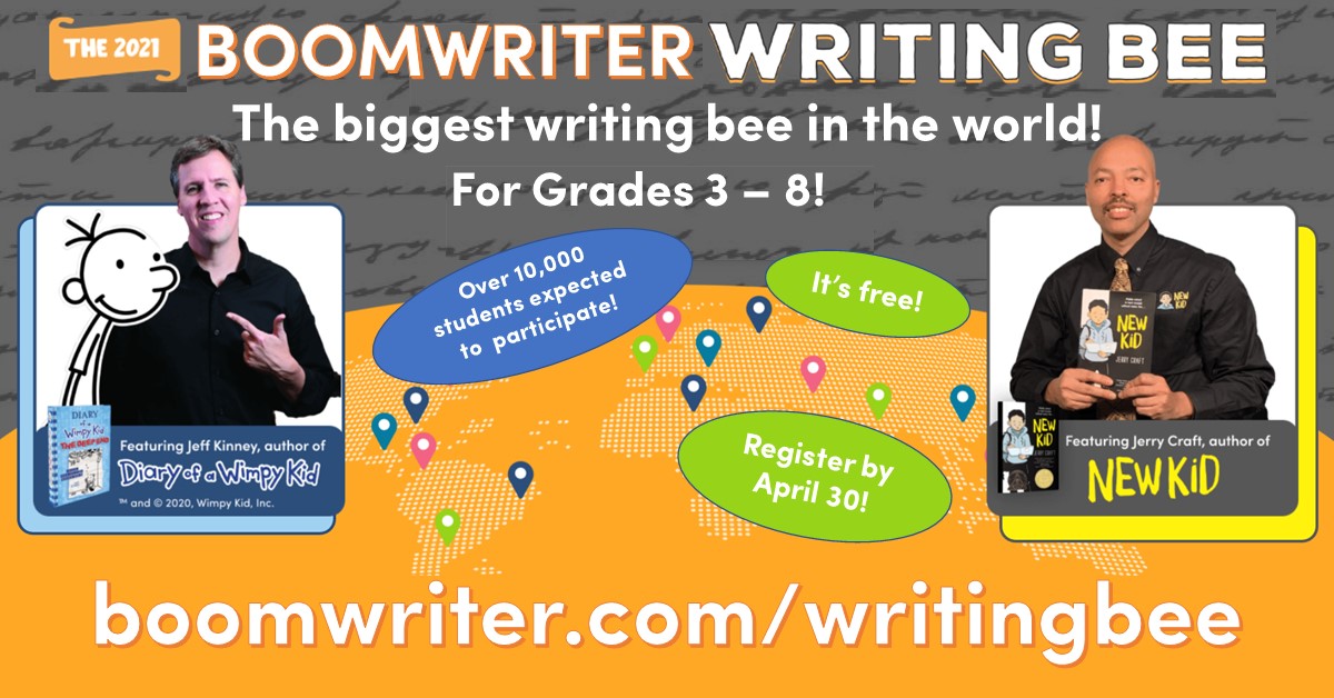 boomtasticusa's tweet photo. #Teachers, register your class for the biggest #writingbee in the world, 2021 Boomwriter Writing Bee for Grades 3-8 w/ Jeff Kinney @wimpykid &amp; @JerryCraft!

It's Free! https://t.co/S39wOdkgtg 
PR: https://t.co/ppOSdmq7vG https://t.co/REqmn1Ab05