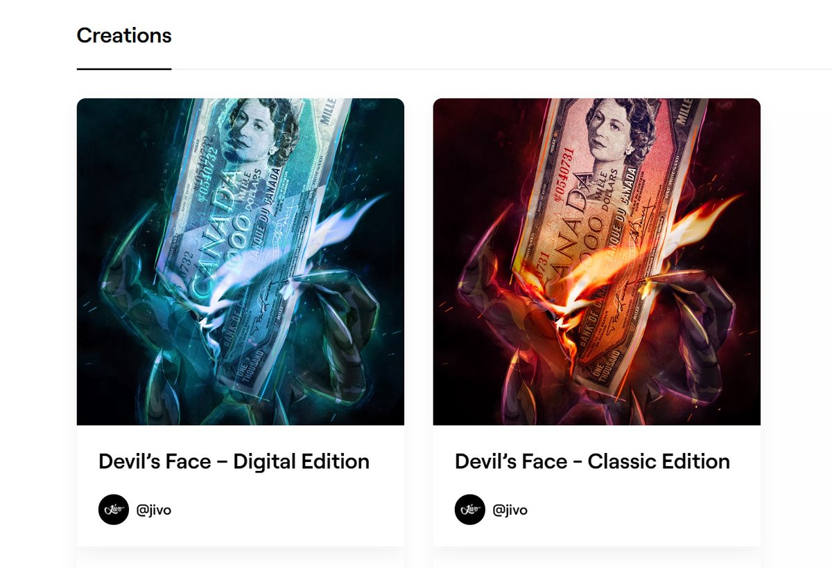 jivostudio's tweet photo. My new #NFTdrop @withFND inspired by the 1954 $1000 bill known ad Devil's Face is still up for grabs. Can you see it? 😈🔥
#DevilsFace #QueenElizabeth #canadianmoney #powerofmoney #devil #darkart #NFTartists #NFTcollectibles #NFTCommunity https://t.co/kJ5rOMiO8k