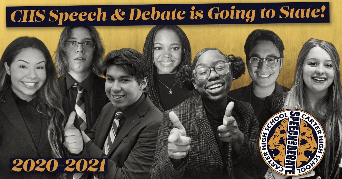 🎉 Congratulations to the Carter HS Speech &amp; Debate team for advancing 7 students to the CHSSA State Tournament! 

Congrats to Sidney Vasquez, William Rodriguez, Andy Aguilar, Rilya Gideon, Damani Pride, Kris Lopez, &amp; Katelyn Miller for advancing!

We are proud of you!