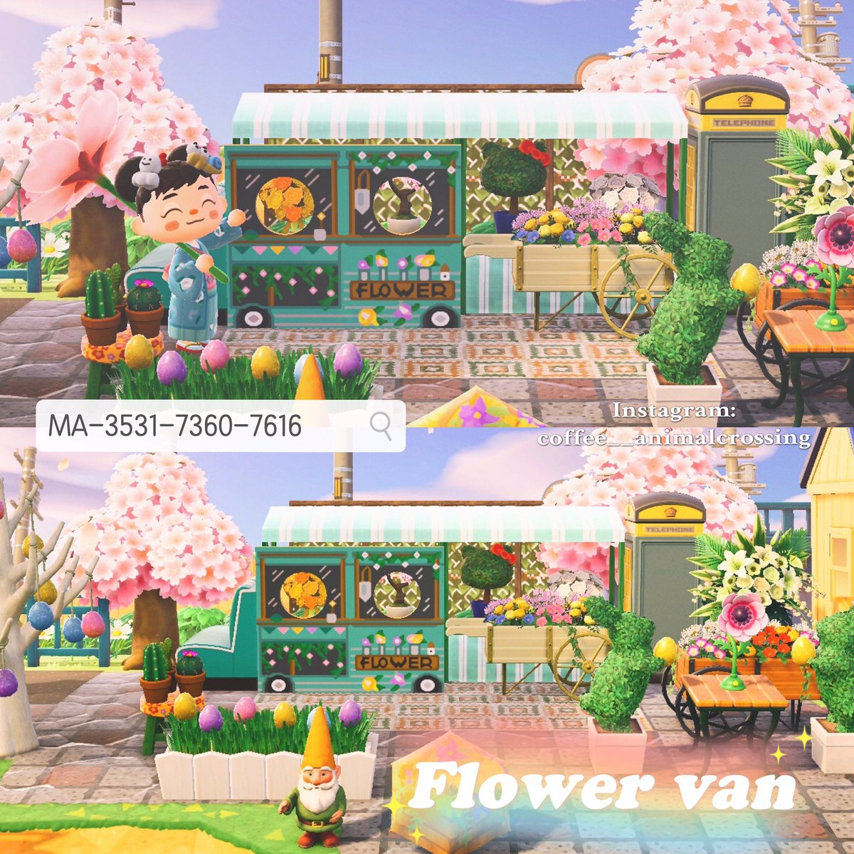 Mobile shop van series, newly added Flower Shop  vans🌼 Easter products added🐰
inspired :  <a href="/maaaco_acnh/">maaaco</a> 
 Ig: instagram.com/coffee__animal…
#マイデザまとめ #マイデ #AnimalCrossingNewHorizons    
#ACNHdesign #あつ森 #ACNH  #どうぶつの森