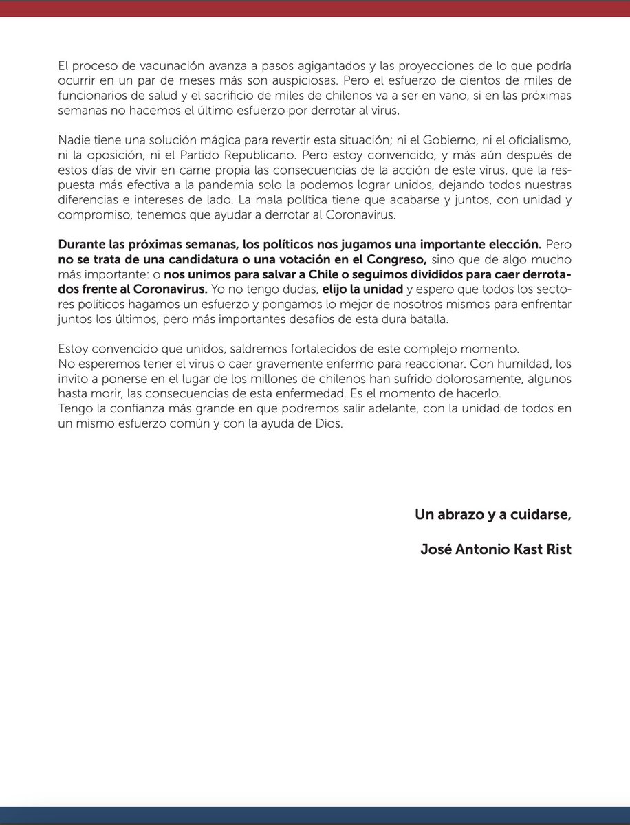 No han sido días fáciles, ni para mí ni para Chile. Pero tengo la esperanza intacta de que con unidad y la ayuda de Dios, vamos a salir fortalecidos de esta pandemia. Un fuerte abrazo ✌️ 🇨🇱