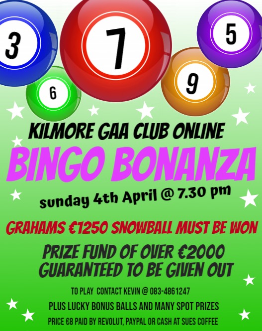 KilmoreGAAWex's tweet photo. This #Easter sundays #kilmoregaaonlinebingo is a big one with c.€2,000 in gauranteed prizes while #grahamsnowball of €1,250 will be won by a lucky entrant.
Lots of spot prizes also, details on those later in the week. 
You have to be #inittowinit it so get entering with kevin. https://t.co/njG1LNJAGZ