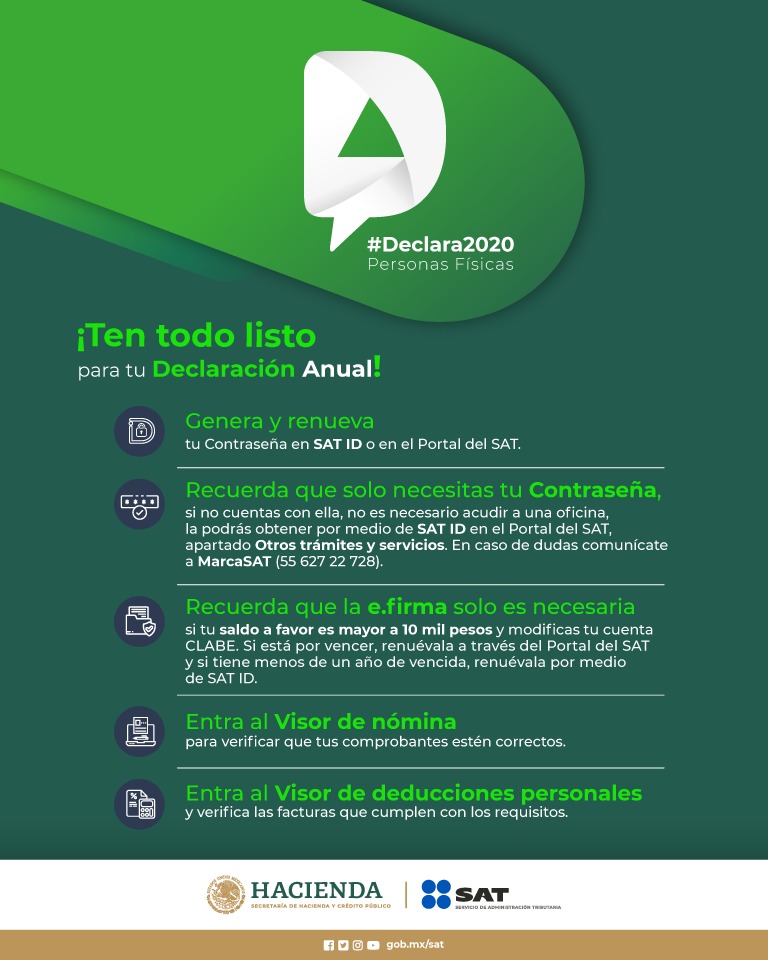 SATMX's tweet photo. ¡Prepárate para tu Declaración Anual 2020! 

¡Inicia el 1 de abril!

SAT ID: https://t.co/JfFxMkG8gY

Portal del SAT: https://t.co/gLmruCltaJ

Otros trámites y servicios: https://t.co/azLINHw56U

Declaraciones: https://t.co/uepAV0dGo8 https://t.co/Uh9Ws3eqRO