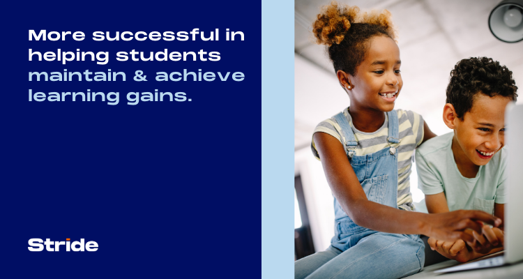 Research shows: Stride leads in online learning. Learn more about how Stride K12-powered students are maintaining and achieving learning gains during the pandemic. bit.ly/3vE5BzU