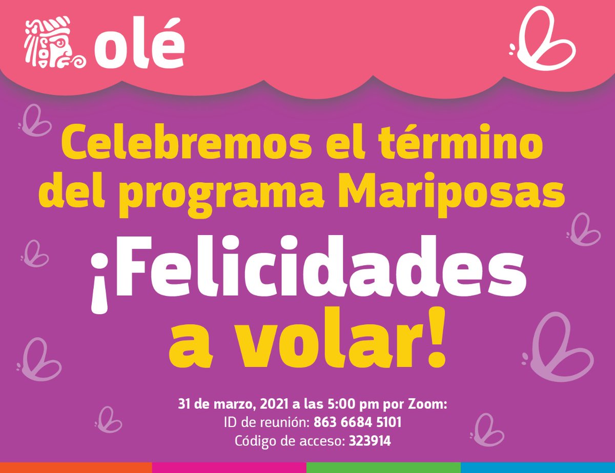 acmariposas's tweet photo. ¡Este miércoles 31 de marzo se gradúa el primer grupo de #MariposasAC que obtuvo la posibilidad de tomar un curso con #OleIdiomas! 🦋

Te esperamos en la graduación virtual. 🎓 https://t.co/O8ZDnjrjVU