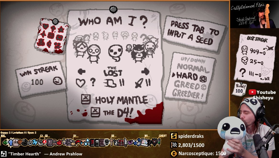 Shisheyu's tweet photo. Almost 5000 viewers on Twitch to watch my two last runs on Afterbirth + before Repentance comes out.

Turns out we hit 100 - 0 The Lost Hard Streak.
It was a WR since 70 - 0 but a hundred seems a miracle.
I feel so proud and lucky at the same time.

@edmundmcmillen https://t.co/ncs8LsznGg