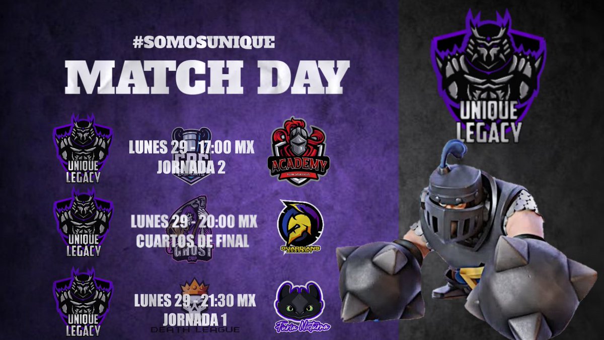 Hoy tendremos un largo dia, aparte de unos clasis que nos representaran nuestros chicos

@CupCBE J2 vs Team Spartacus

<a href="/GhostCup1/">Ghost Cup🏆</a> Cuartos vs <a href="/GE_AcademyES/">Guardians Academy</a> 

<a href="/Death_League21/">☠️⚔️Death League ⚔️☠️</a> J1 vs <a href="/furianocturnaes/">furia nocturna e-sports</a> 

Veremos si podemos hacer un perfect #SomosUnique
