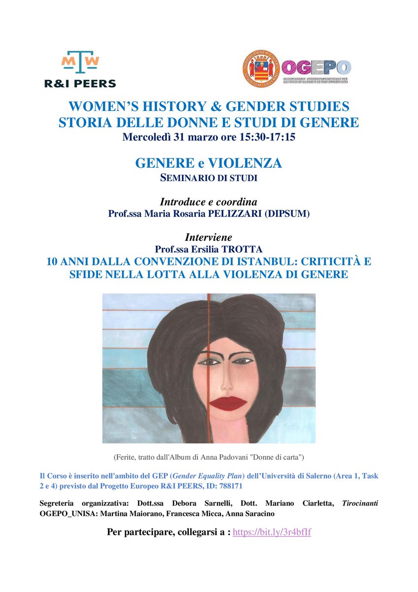 Mercoledì 31 MARZO, ore 15:30-17:15, GENERE E VIOLENZA: “10 anni dalla Convenzione di Istanbul: criticità e sfide nella lotta alla violenza di genere". Introduzione della 
prof.ssa Maria Rosaria Pelizzari (DIPSUM): La violenza di genere nella Storia