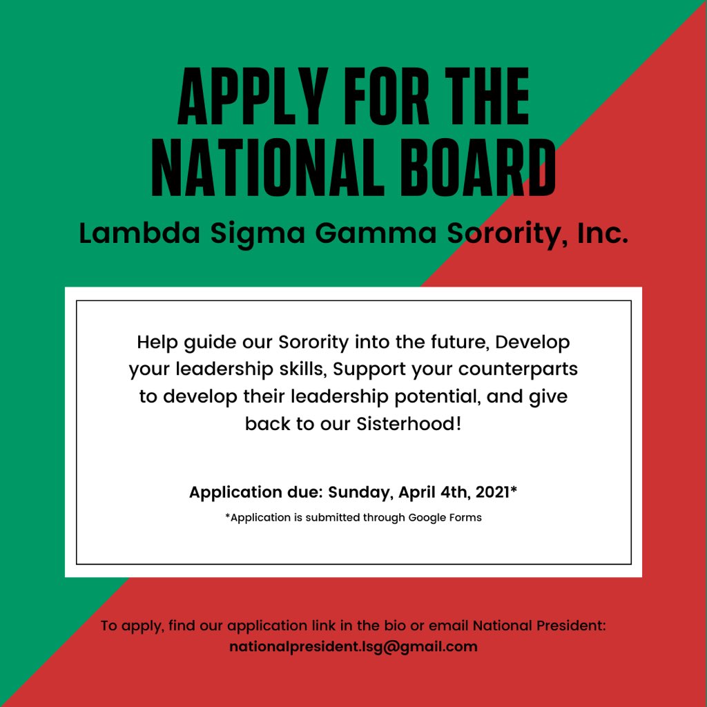 LSGSororityInc's tweet photo. Apply for National Board today! Be part of the change 🌹 Application is due Sunday, April 4th. Link in the bio! #NationalBoard2021 #IPSE https://t.co/f5LNwv0Qeu