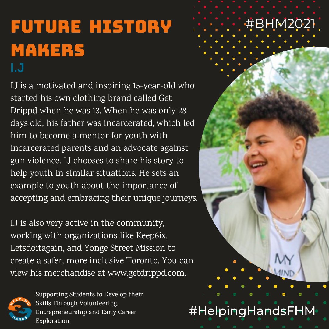 helpinghands's tweet photo. Todayโs #FutureHistoryMaker is I.J (@getdrippd)
I.J is a motivated and inspiring 15-year-old who started his own clothing brand called Get Drippd when he was 13. https://t.co/pIHAm7qAIN