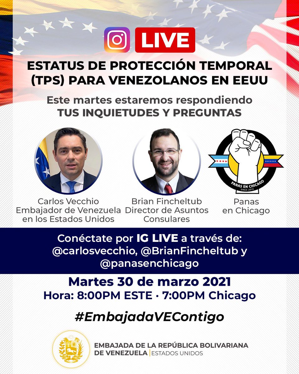 MigraSeguroUSA's tweet photo. ¿Eres venezolano y quieres aclarar dudas sobre el TPS? 
Este martes 30 de marzo, a las 8:00 pm EST - 7:00 pm CHICAGO, el Embajador @carlosvecchio y el director de Asuntos Consulares @brianfincheltub estarán respondiendo inquietudes junto a los @panasenchicago 

#EmbajadaVEContigo https://t.co/NG3PcixAqY