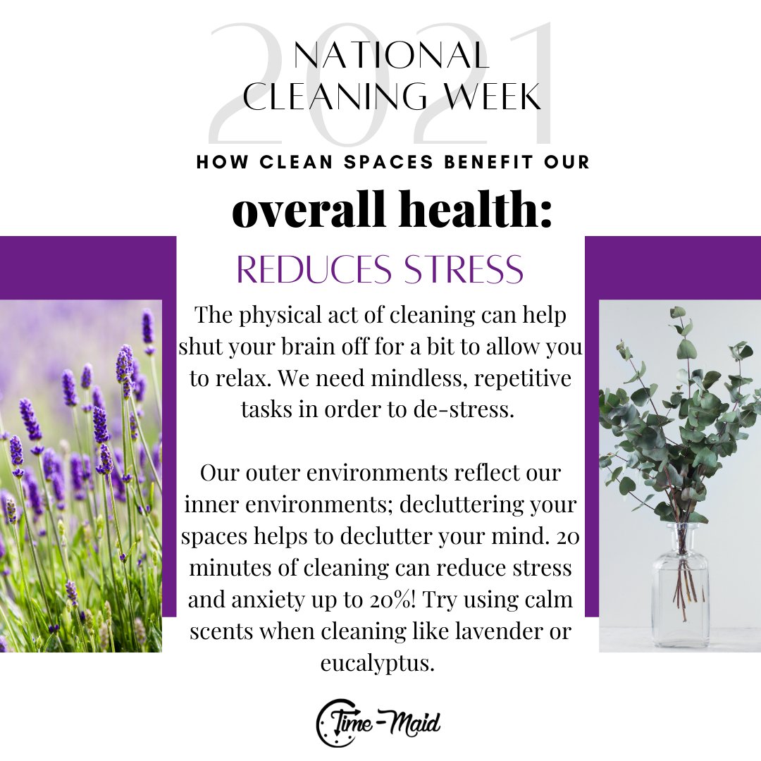 Timemaid's tweet image. It's #NationalCleaningWeek!! We already know how great having a clean place makes us feel, but did you know that cleaning habits are actually proven to make us healthier? Enjoy some of these amazing benefits from @robinberinmd and @parsleyhealth.