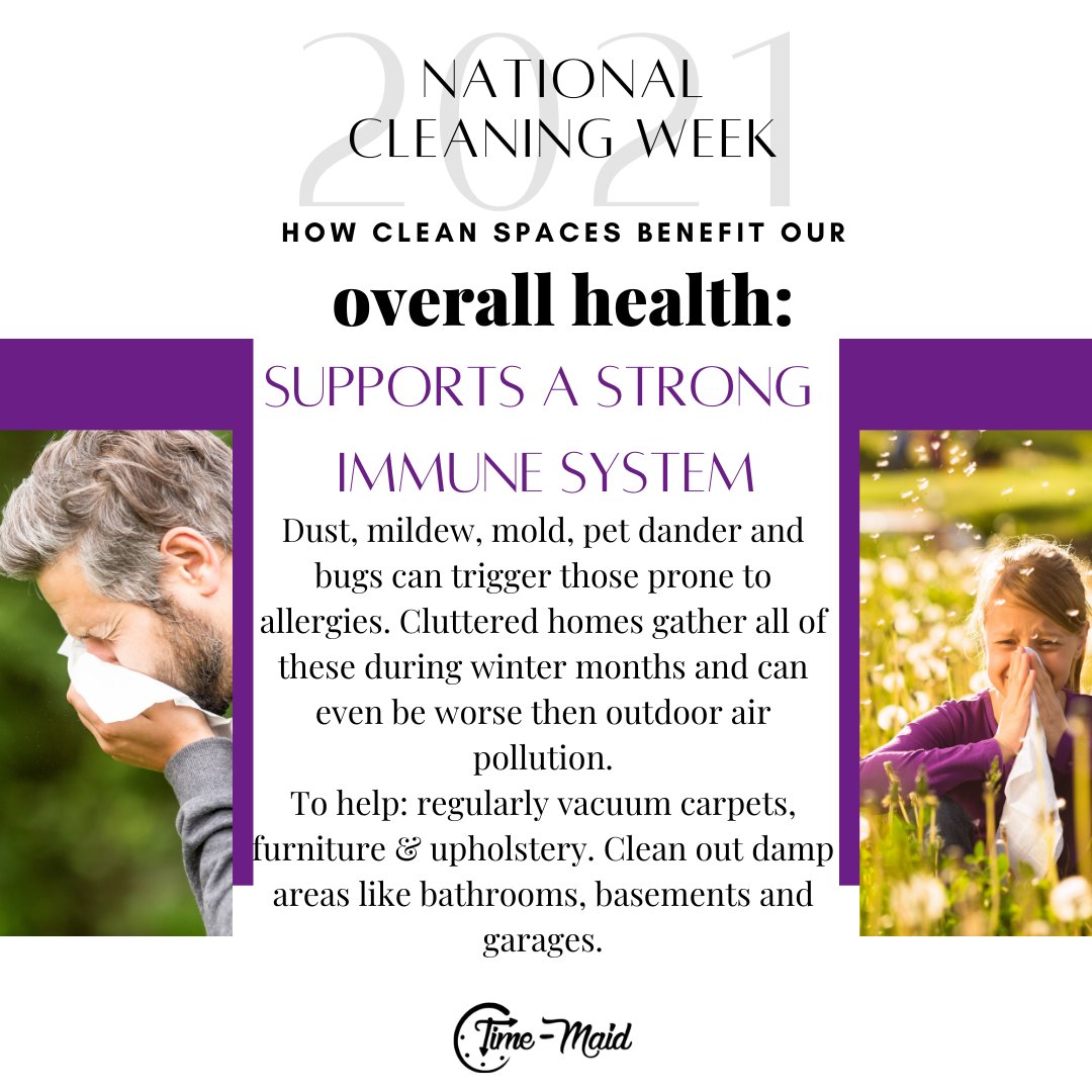 Timemaid's tweet image. It's #NationalCleaningWeek!! We already know how great having a clean place makes us feel, but did you know that cleaning habits are actually proven to make us healthier? Enjoy some of these amazing benefits from @robinberinmd and @parsleyhealth.