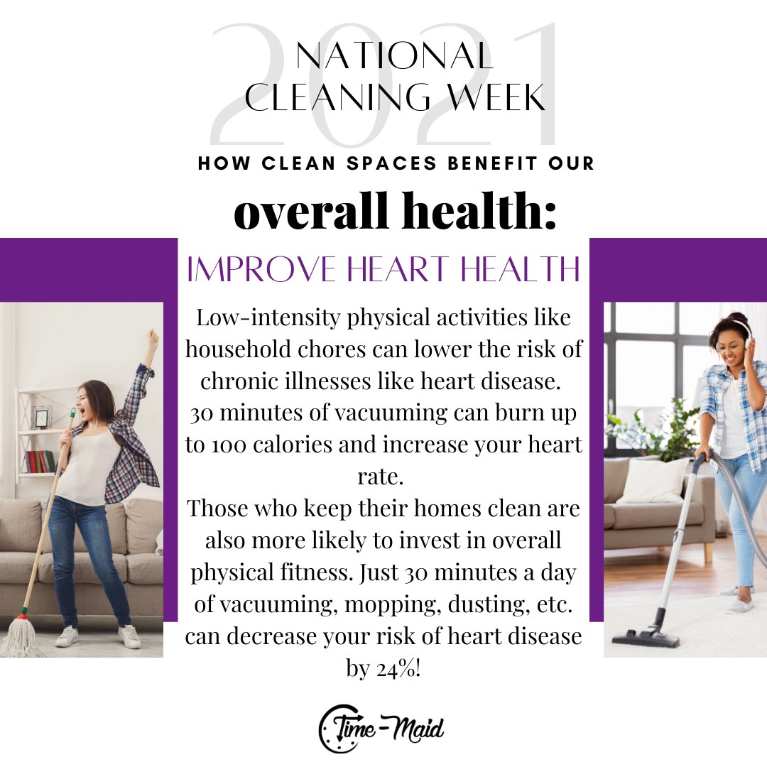 Timemaid's tweet image. It's #NationalCleaningWeek!! We already know how great having a clean place makes us feel, but did you know that cleaning habits are actually proven to make us healthier? Enjoy some of these amazing benefits from @robinberinmd and @parsleyhealth.