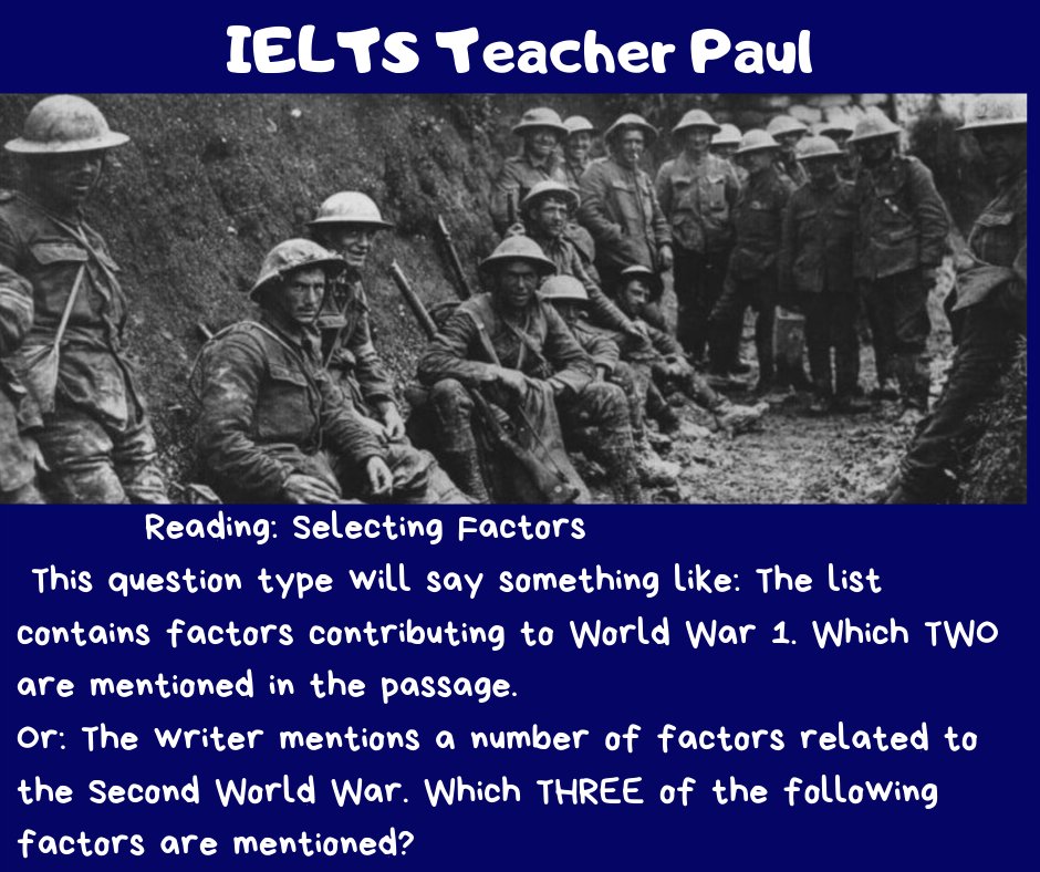 #IELTS Reading: Selecting Factors
These kinds of questions aren't the toughest, but you still need to practice them.
Follow the link in my Twitter profile to the full lesson, where you can practice selecting factors about the Great War.