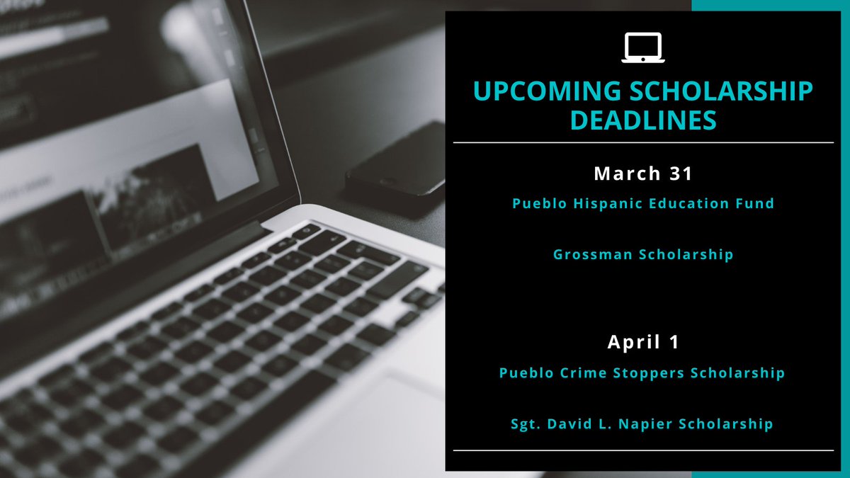 D70tracks's tweet photo. You have important scholarship deadlines this week! Make sure you get them submitted on time. If you need help, schedule an appointment today! #scholarships #college #pueblo #utc #apply #district70 #d70tracks https://t.co/fq8nzJyKP8