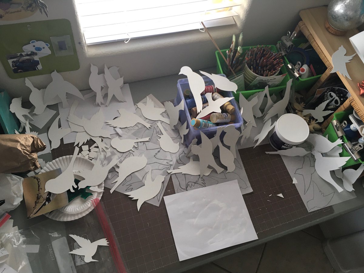 bonniekelso's tweet photo. Just in case anyone was wondering what 50 cut-out gesso'd birds look like... Tomorrow's the big day for these little guys! 💕🐦💕 #birdsofhope https://t.co/drrY6sza2N