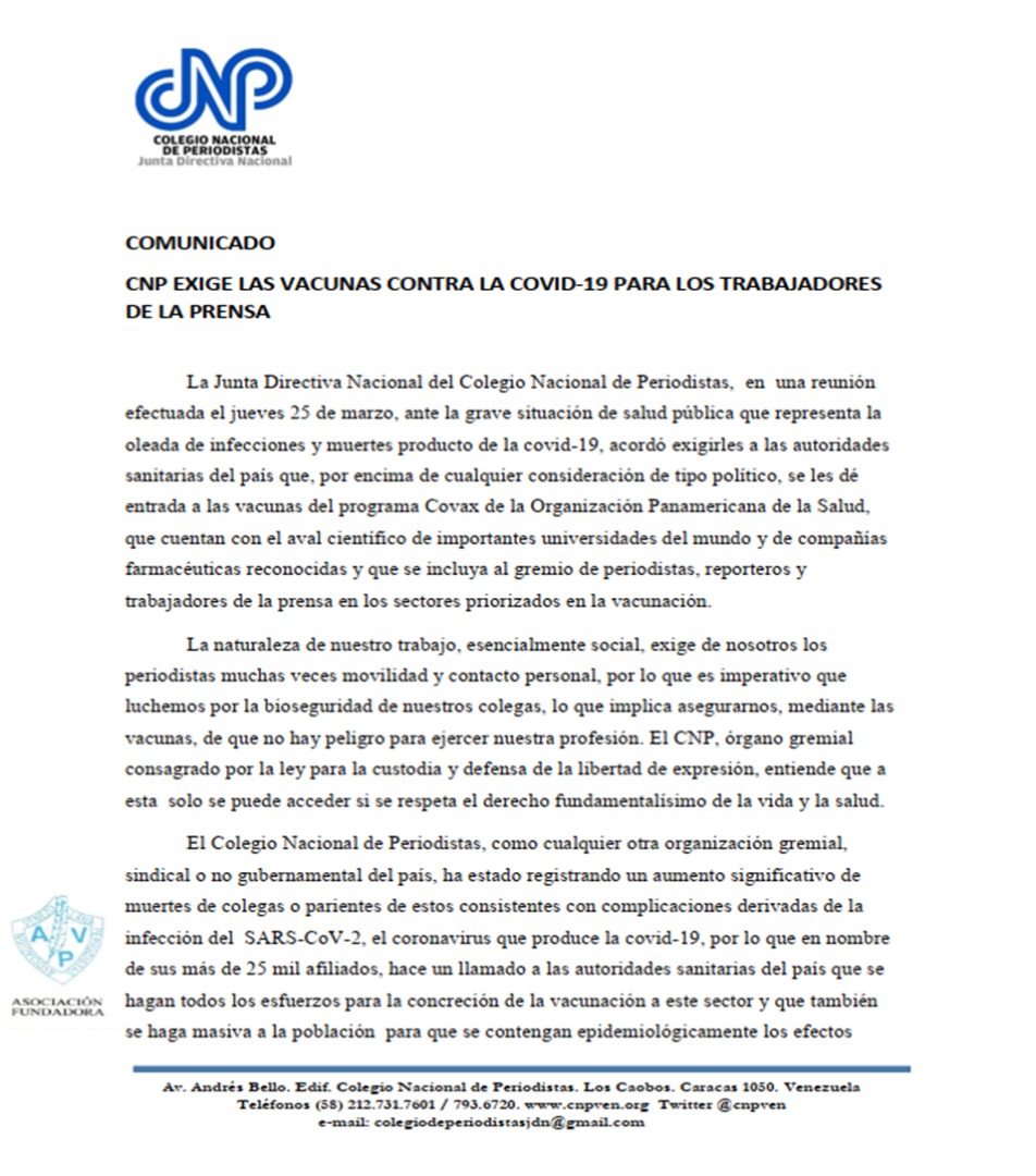 cnpven's tweet photo. El Colegio Nacional de Periodistas ante la grave situación sanitaria que enfrenta #Venezuela por la #COVID19 exige la vacunación para trabajadores de la prensa por ser personal de alto riesgo de contagio. 
#cnp #vacuna #accesoalainformacionpublica #libertaddeexpresion https://t.co/5f4q3PzoqP
