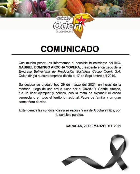 Noti_Barlovent0's tweet photo. #ENTÉRATE || Mediante este comunicado la Empresa Cacao Oderí dio a conocer el sensible fallecimiento de su presidente, el Ing. Gabriel Arocha luego de una ardua lucha por el Covid-19. @CacaoOderi @HectoRodriguez https://t.co/VoWHl7vNpG