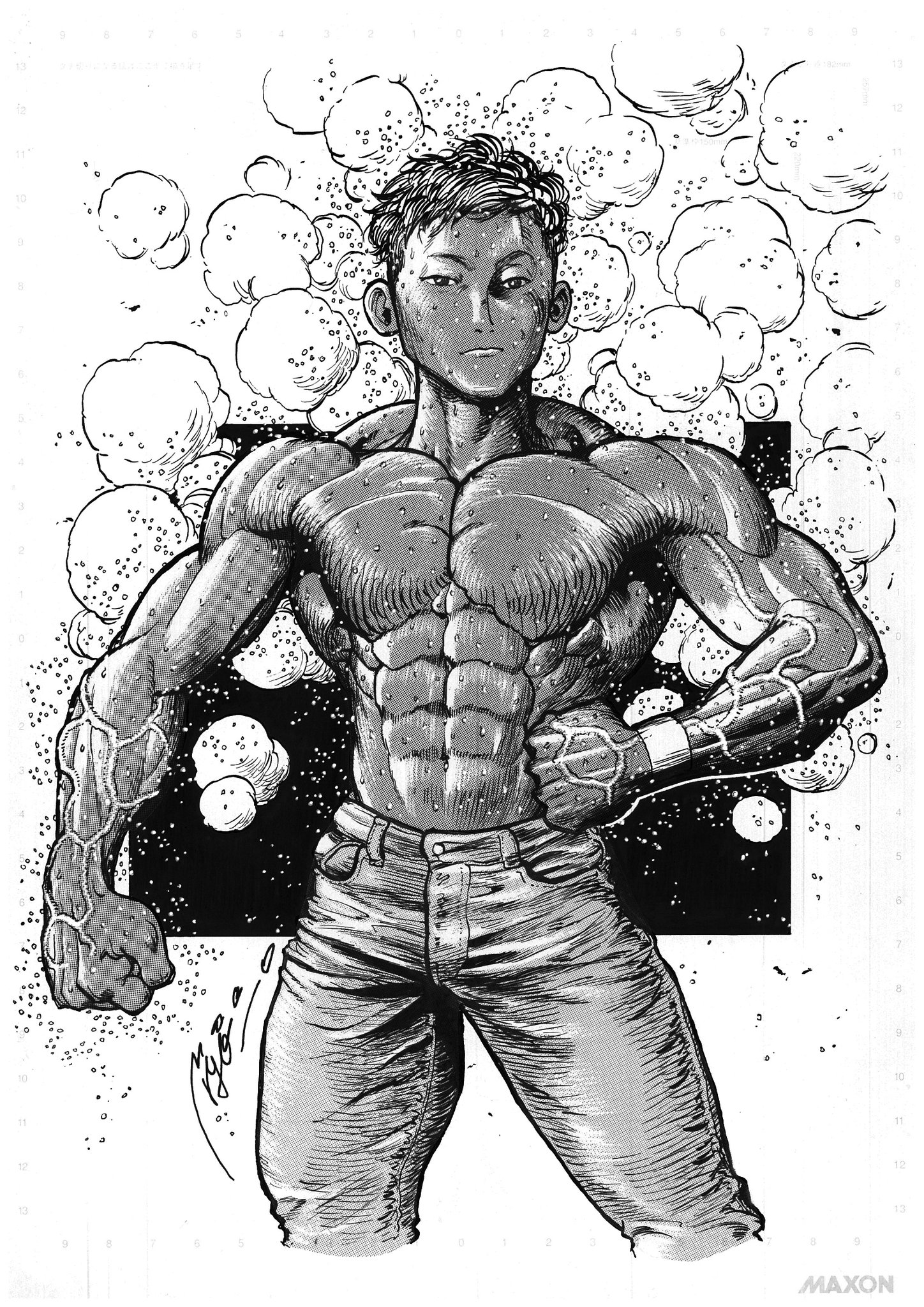 マッチー 筋肉特化 イラスト 線で表現すべきところ 陰影で表現すべきところ スクリーントーンで処理すべきところ それらを一枚の絵の中で使い分けながら かつトータルのバランスを保てるよう描きます 描きながら考えるのではなく 下書きの段階で完成