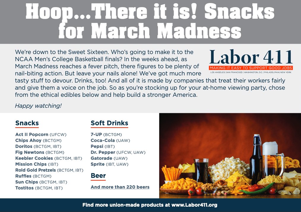 IUBAC's tweet image. Union-made March Madness Snack List 🍺🏀🍿 from @Labor411